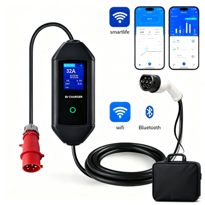 Cargador portátil inteligente BOMERN TIPO 2 - CEE de 5 pines | Pantalla | 32 A | Monofásico | 7,4 kW | 5 m | WIFI| APP